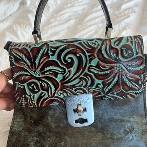 Patricia Nash Embossed Leather Satchel - Brown and Teal